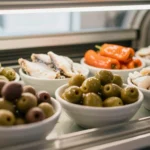 Bowls of olives, marinated capsicum and white anchovies inside a chilled deli cabinet