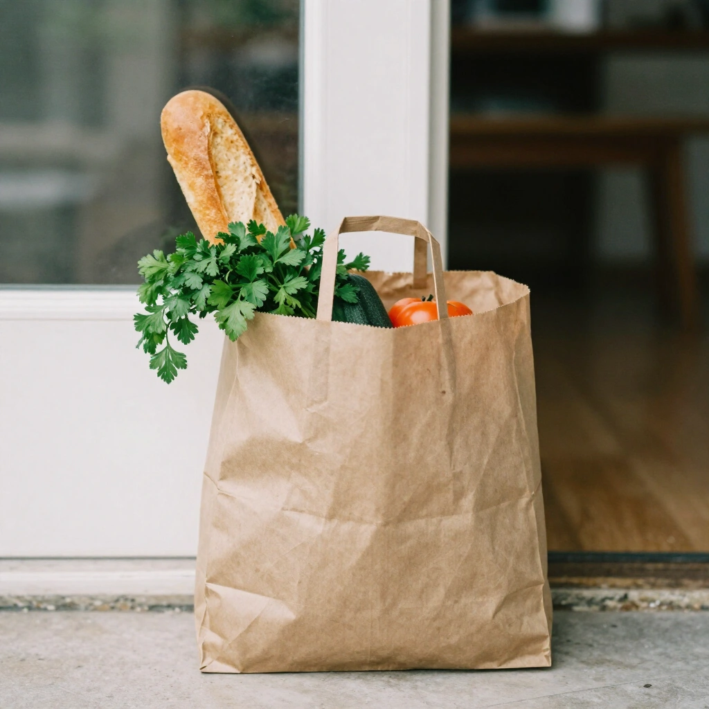 Brown paper grocery bag packed with vegetables and bread on a terrace house doorstep