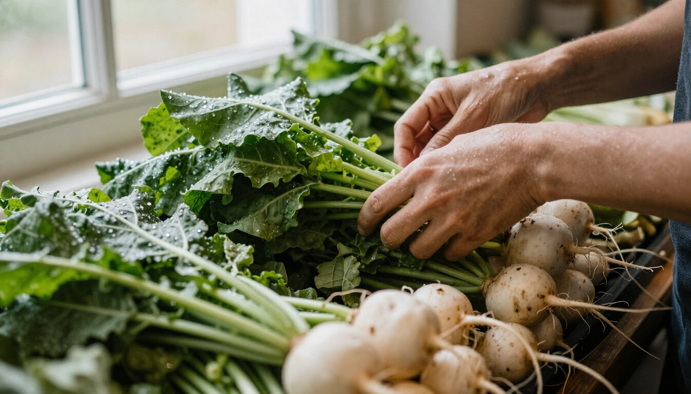 Hands sorting fresh silverbeet and radishes into an early morning produce display with water droplets on the leaves