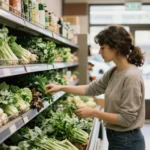 Shopper reaching for fresh herbs in a chilled greens display in a neighbourhood grocery aisle