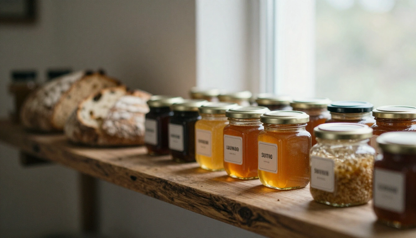 Small batch honey jars, sourdough loaves and hand poured condiments lined along a rustic timber shelf