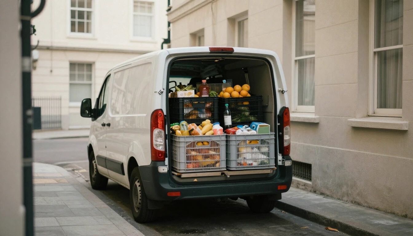 Small delivery van loaded with grocery crates parked on a narrow inner city terrace street