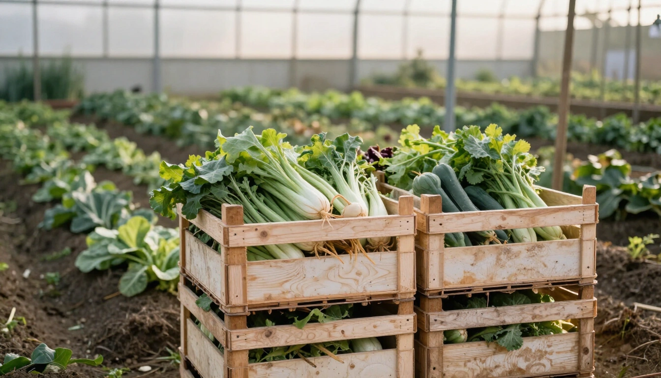 Stacked field crates of freshly harvested vegetables at the edge of a market garden at first light