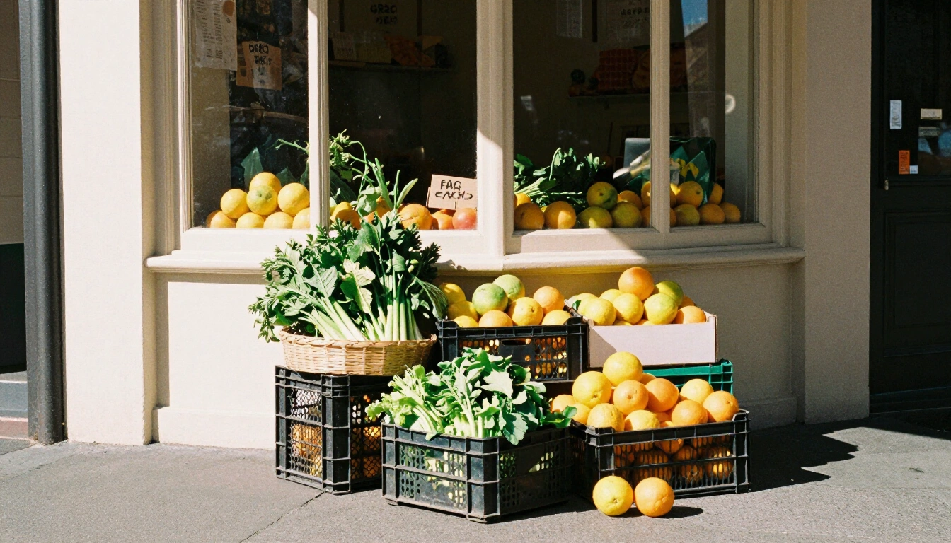 Sunlit greengrocer shopfront on a Surry Hills terrace street with crates of citrus and leafy greens on the footpath