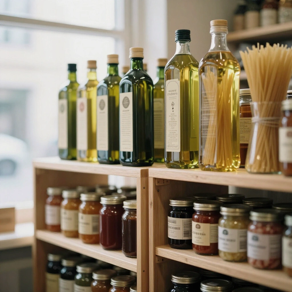 Timber shelves of olive oil, jarred preserves, dried pasta and sea salt in a speciality grocery