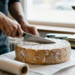 Wheel of aged cheese being cut behind a deli counter beside wax paper and brass scales