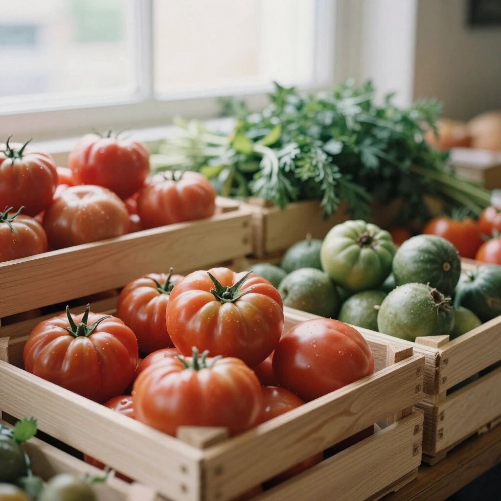 Wooden crates of heirloom tomatoes, stone fruit and bunched herbs on a market counter