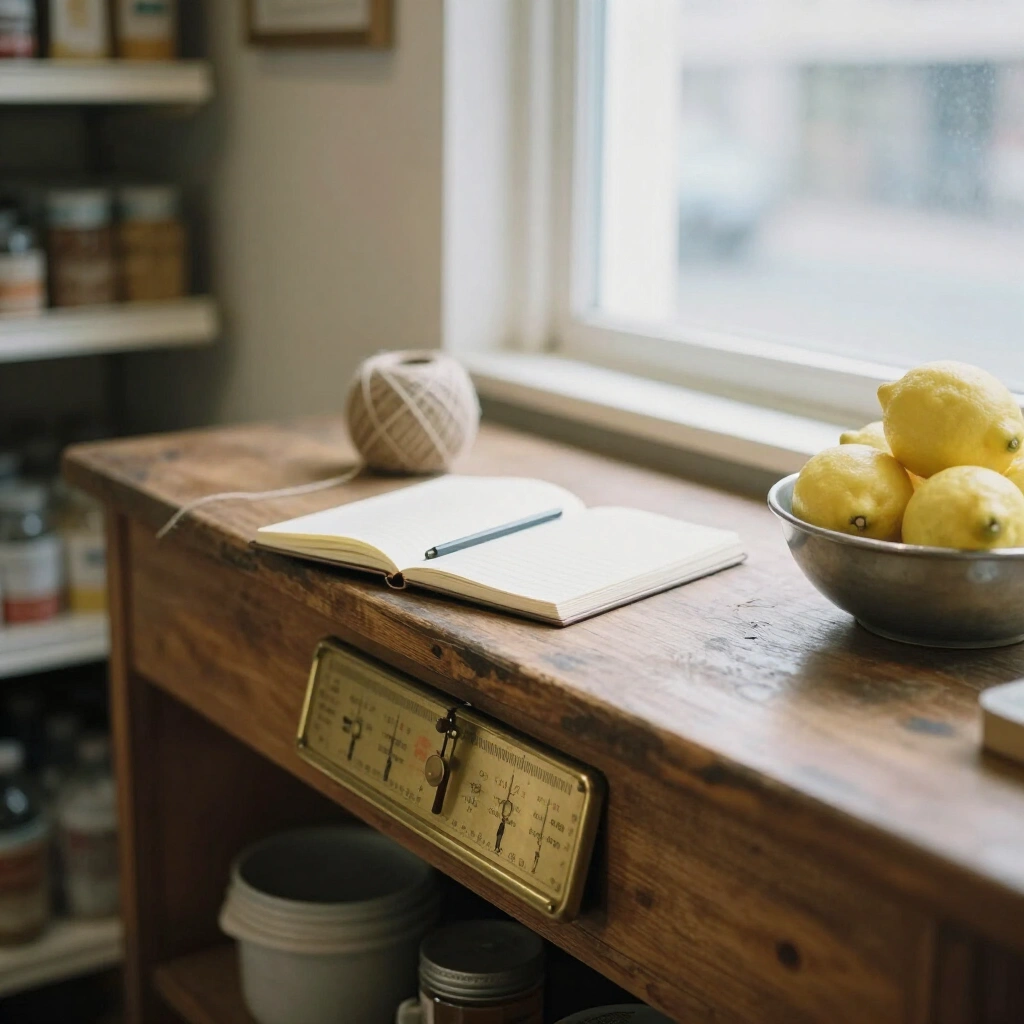 Worn timber shop counter with brass scales, twine and a bowl of lemons in a neighbourhood grocery